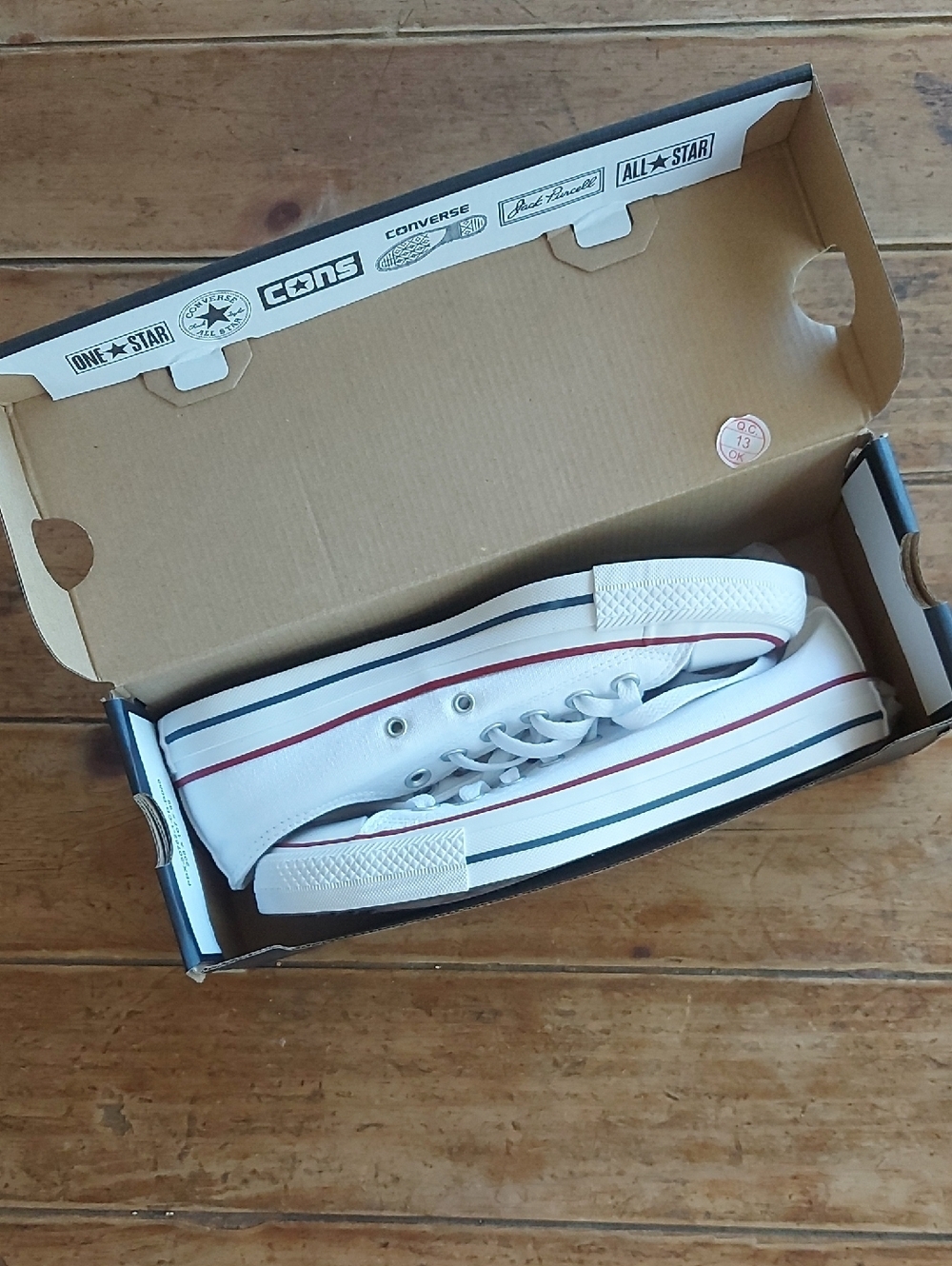 Converse Women White Low Top Sneakers with Red & Blue Stripe - Picture 3 of 7
